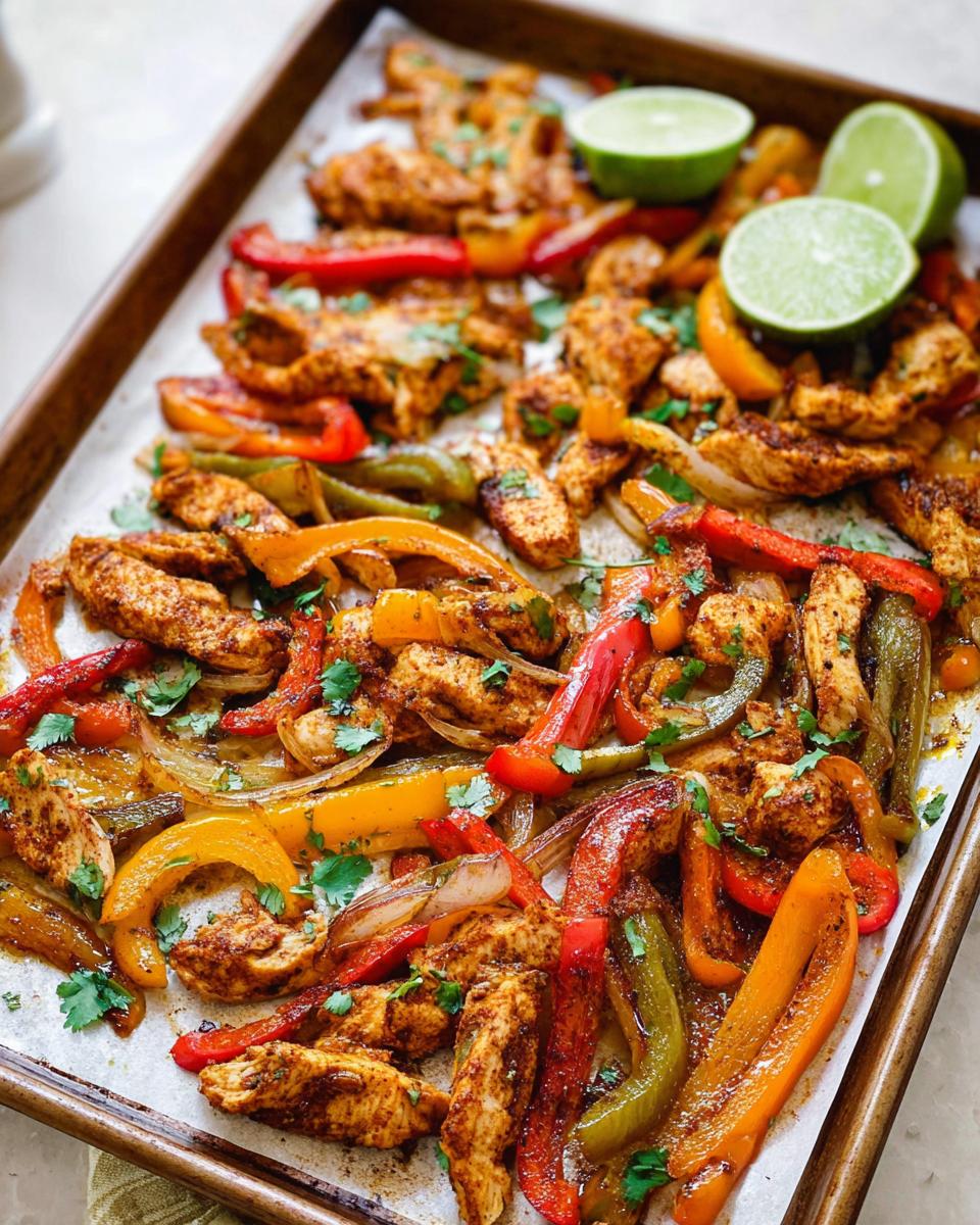 Sheet pan chicken fajitas with colorful peppers, onions, and lime wedges, perfect for busy weeknights.