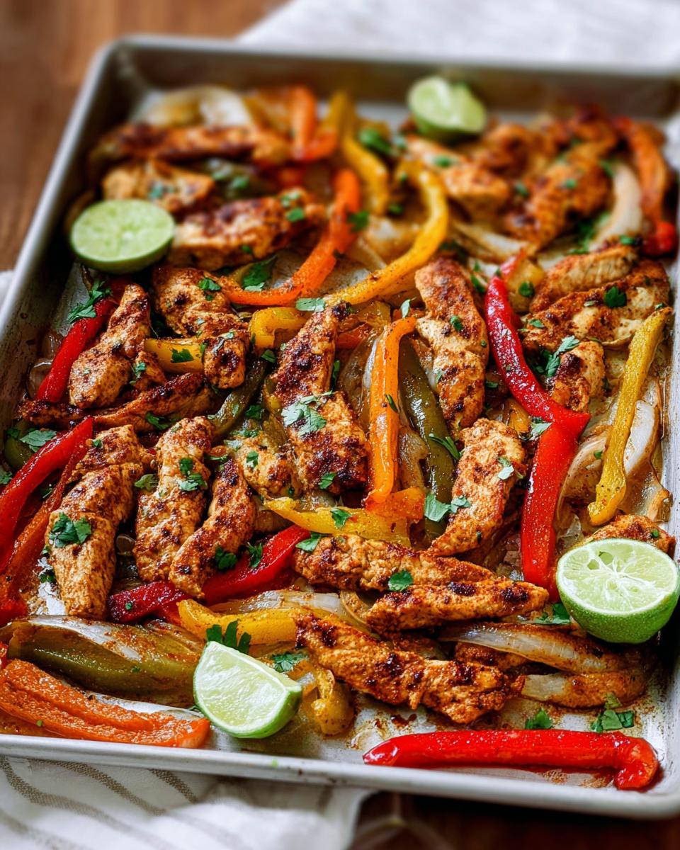 Sheet pan chicken fajitas with colorful peppers, onions, and lime wedges, perfect for busy weeknights.