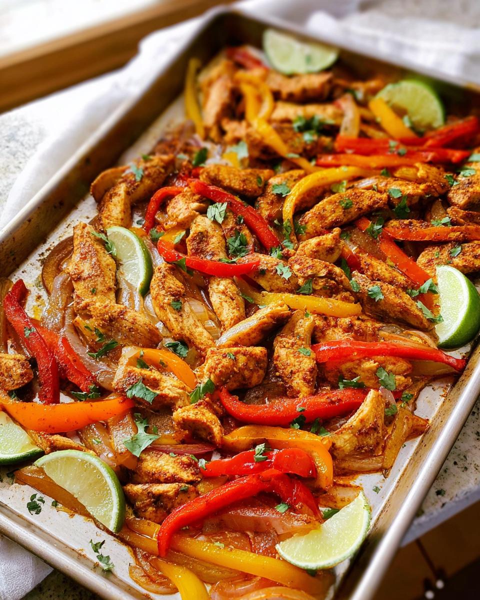 Sheet pan chicken fajitas with seasoned chicken strips, colorful bell peppers, and lime wedges.