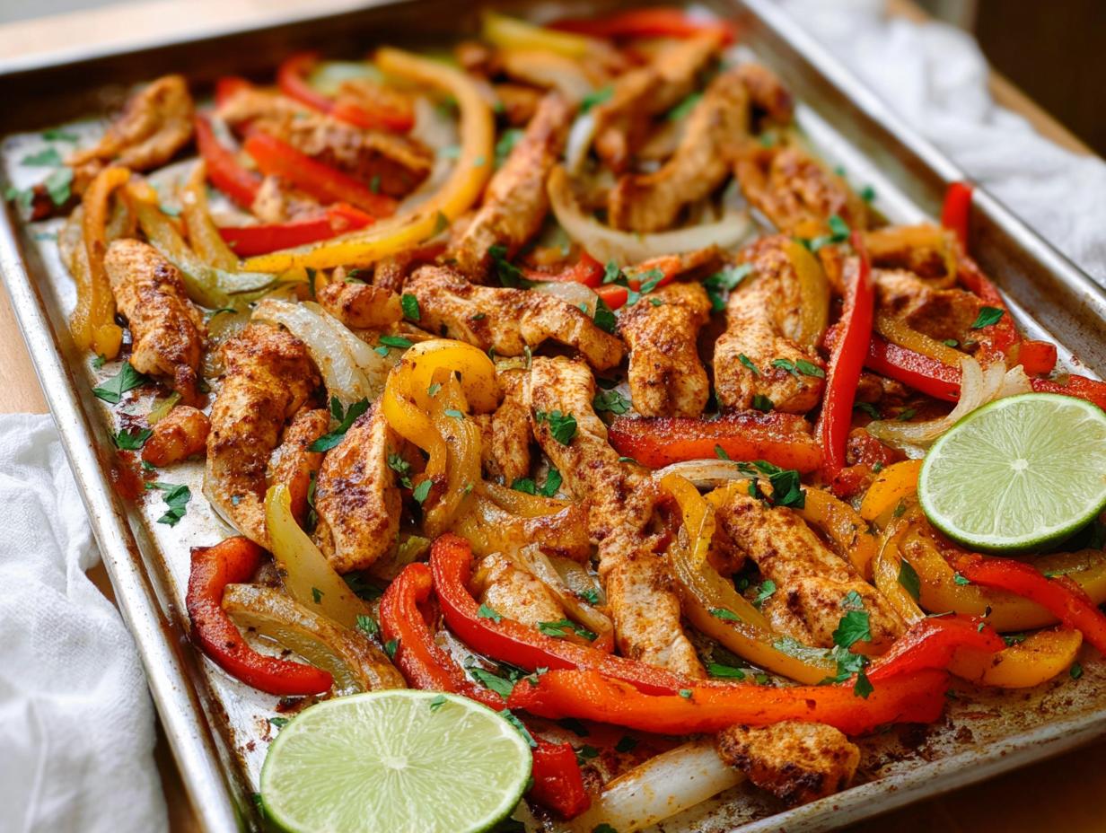 Sheet pan chicken fajitas with seasoned chicken strips, colorful bell peppers, and onions, garnished with lime.