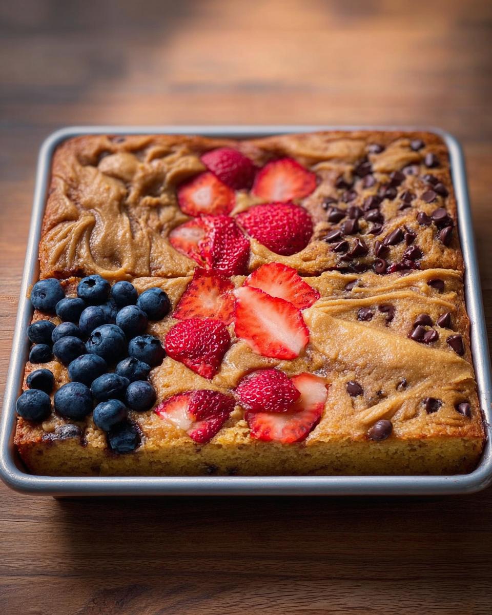 Sheet pan baked oats topped with sections of blueberries, strawberries, chocolate chips, and peanut butter swirl for 10-Ingredient Breakfast Ideas Recipes.
