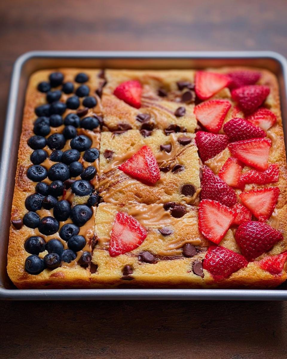 Sheet pan pancakes topped with blueberries, strawberries, peanut butter swirls, and chocolate chips, fitting 10-Ingredient Breakfast Ideas Recipes.