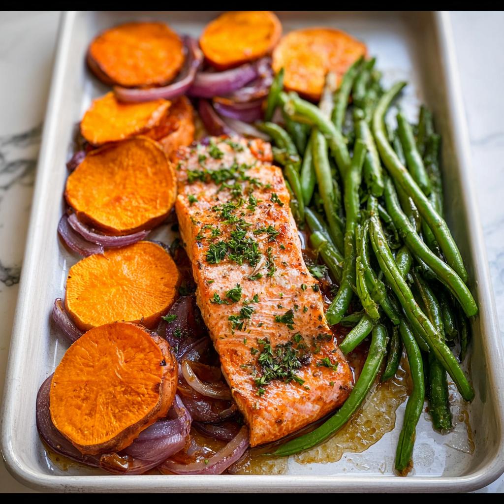 Sheet pan of baked salmon with roasted sweet potatoes, red onions, and green beans, perfect for Salmon Recipes Meal Prep.