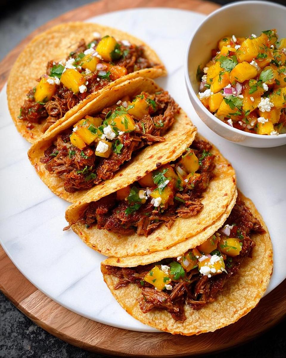 Four corn tortillas filled with shredded beef, topped with mango salsa and cotija cheese for 12-Ingredient Taco Tuesday Recipes.