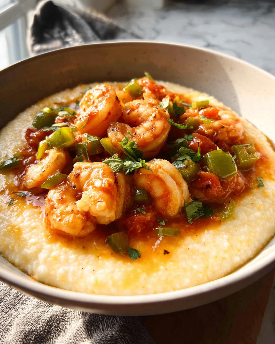Close-up of shrimp and grits topped with a rich tomato sauce, green peppers, and parsley, representing one of the 25-Ingredient Shrimp Recipes.