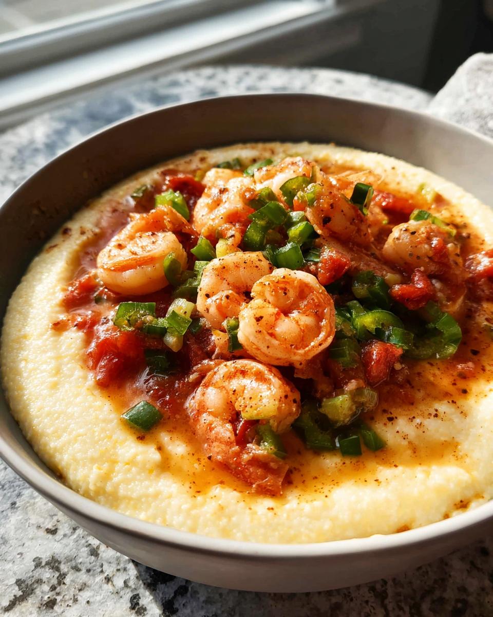 Close-up of shrimp and grits topped with seasoned shrimp, diced tomatoes, and green onions, fitting for 25-Ingredient Shrimp Recipes.