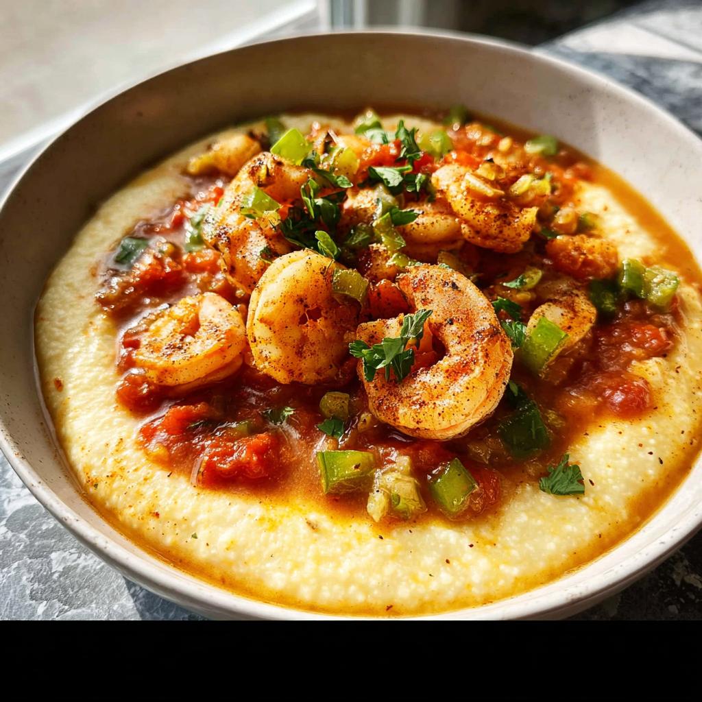 Close-up of seasoned shrimp served over creamy grits with a tomato-based sauce and green peppers.