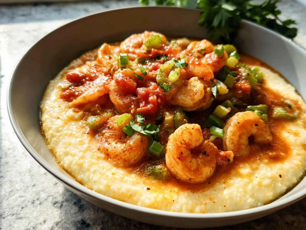 A bowl of creamy shrimp and grits topped with seasoned shrimp in a tomato-based sauce and green onions.