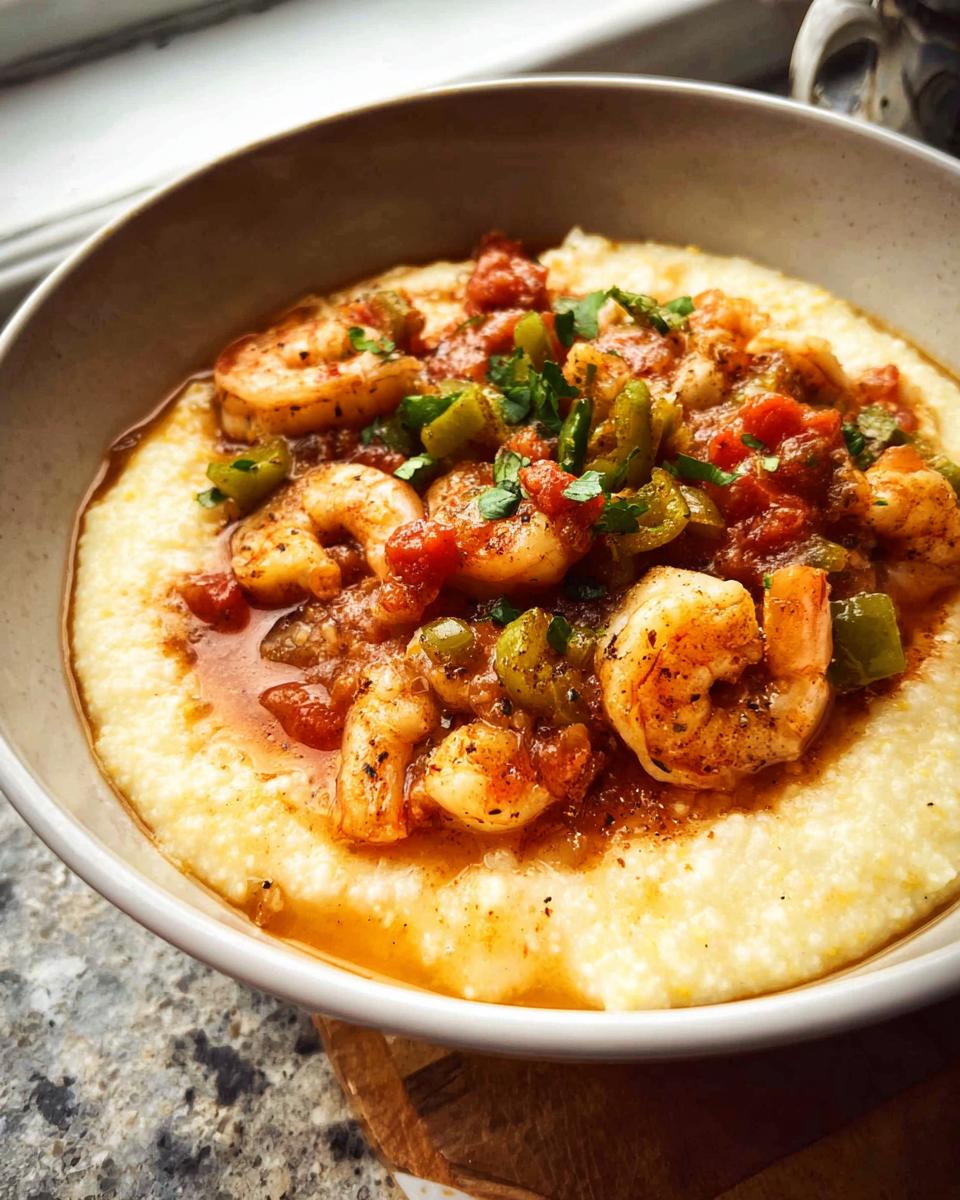 A close-up of savory shrimp and tomato stew served over creamy grits, one of the 25-Ingredient Shrimp Recipes.