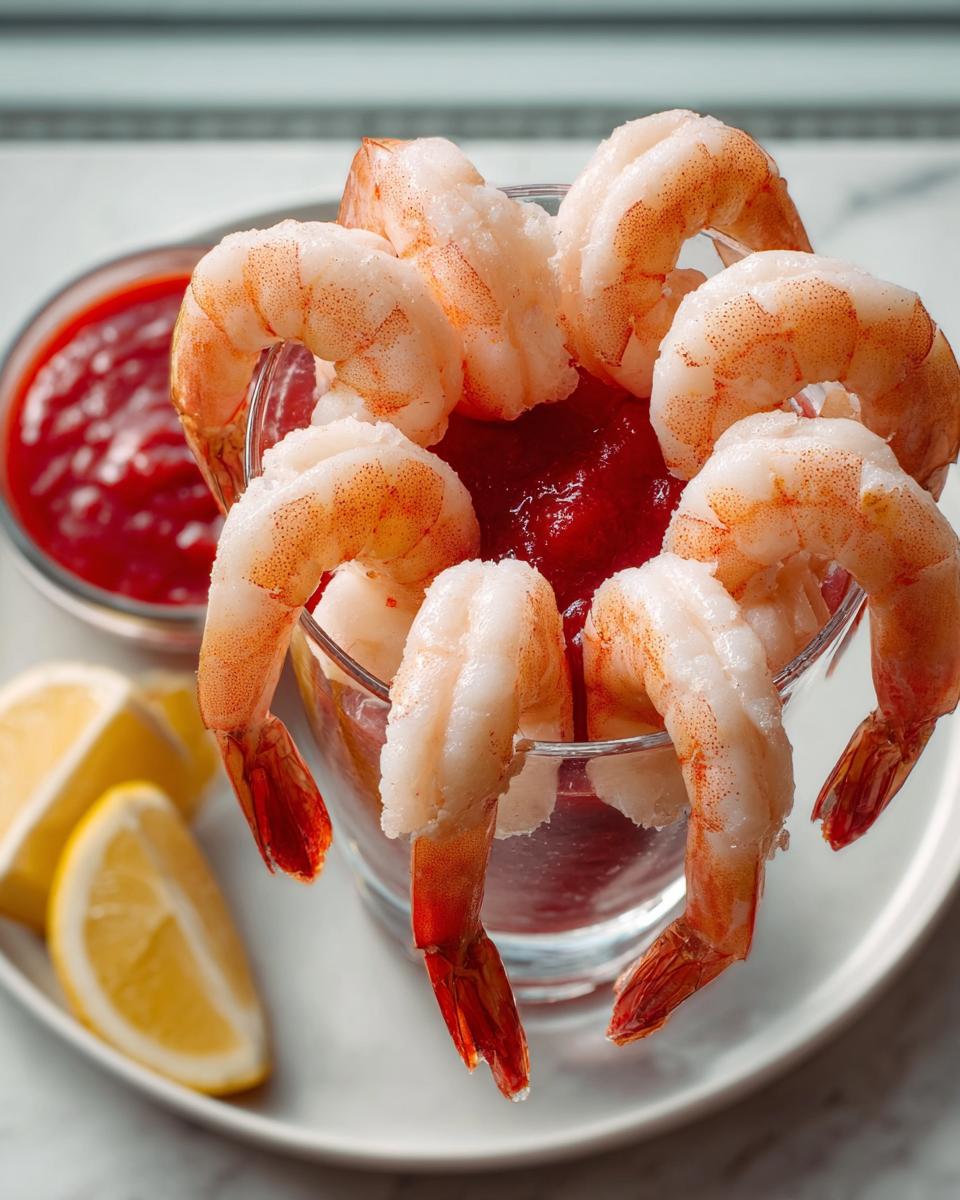 Close-up of a classic shrimp cocktail presentation, featuring large cooked shrimp draped over a glass filled with cocktail sauce.