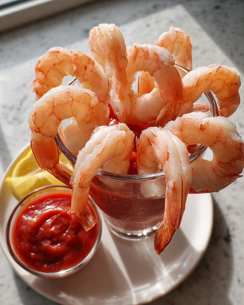 Cooked shrimp draped over the rim of a glass filled with cocktail sauce, illustrating how to make shrimp recipes like a pro.