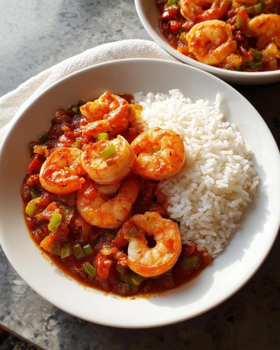 A bowl of rich, saucy shrimp served next to fluffy white rice, perfect for shrimp recipes.