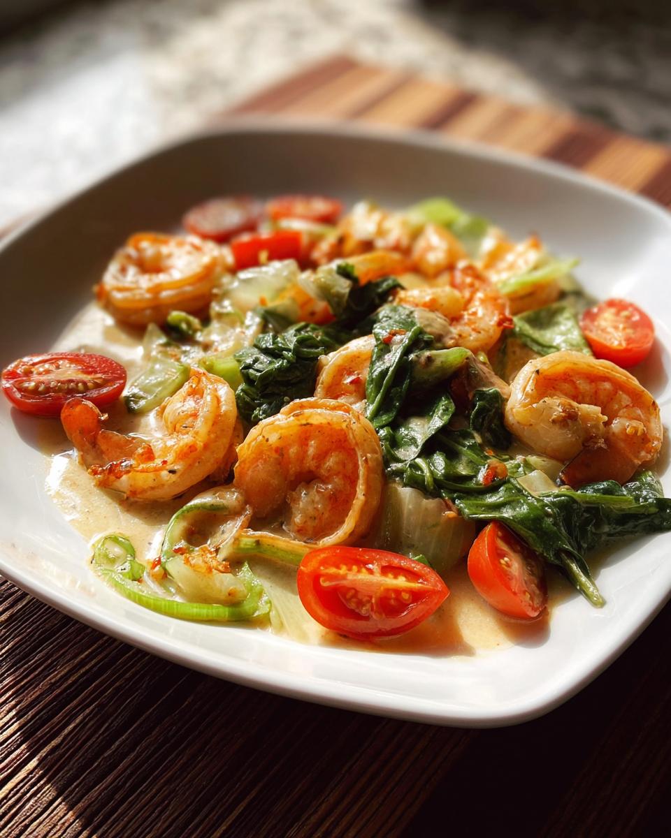 Close-up of a plate featuring one of the best shrimp recipes, served with wilted spinach, cherry tomatoes, and a creamy sauce.