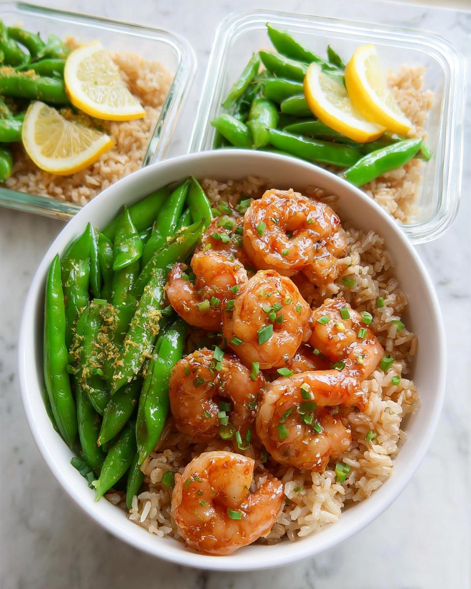 A close-up of a meal prep bowl featuring glazed shrimp, brown rice, and bright green snap peas, with containers ready for storage.