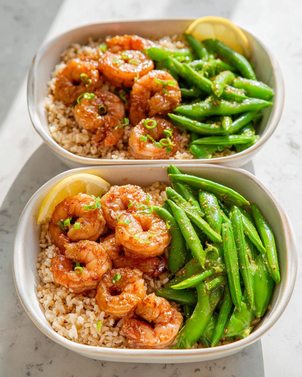 Two bowls showing Shrimp Recipes Meal Prep with glazed shrimp, brown rice, and bright green snap peas.