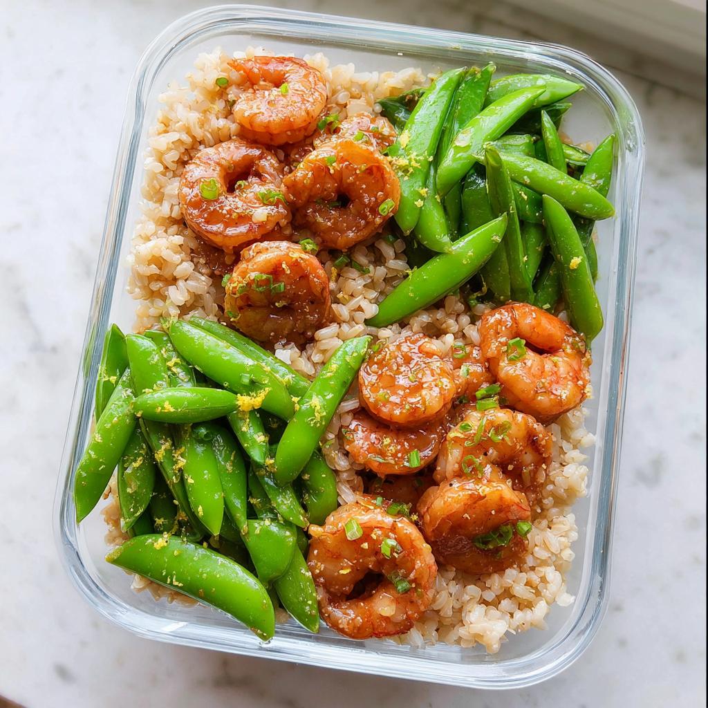 Overhead view of a meal prep container with glazed shrimp, brown rice, and bright green snap peas.