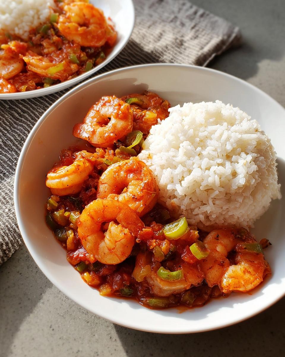 A close-up of one of the best shrimp recipes: saucy shrimp and peppers served next to a mound of fluffy white rice.