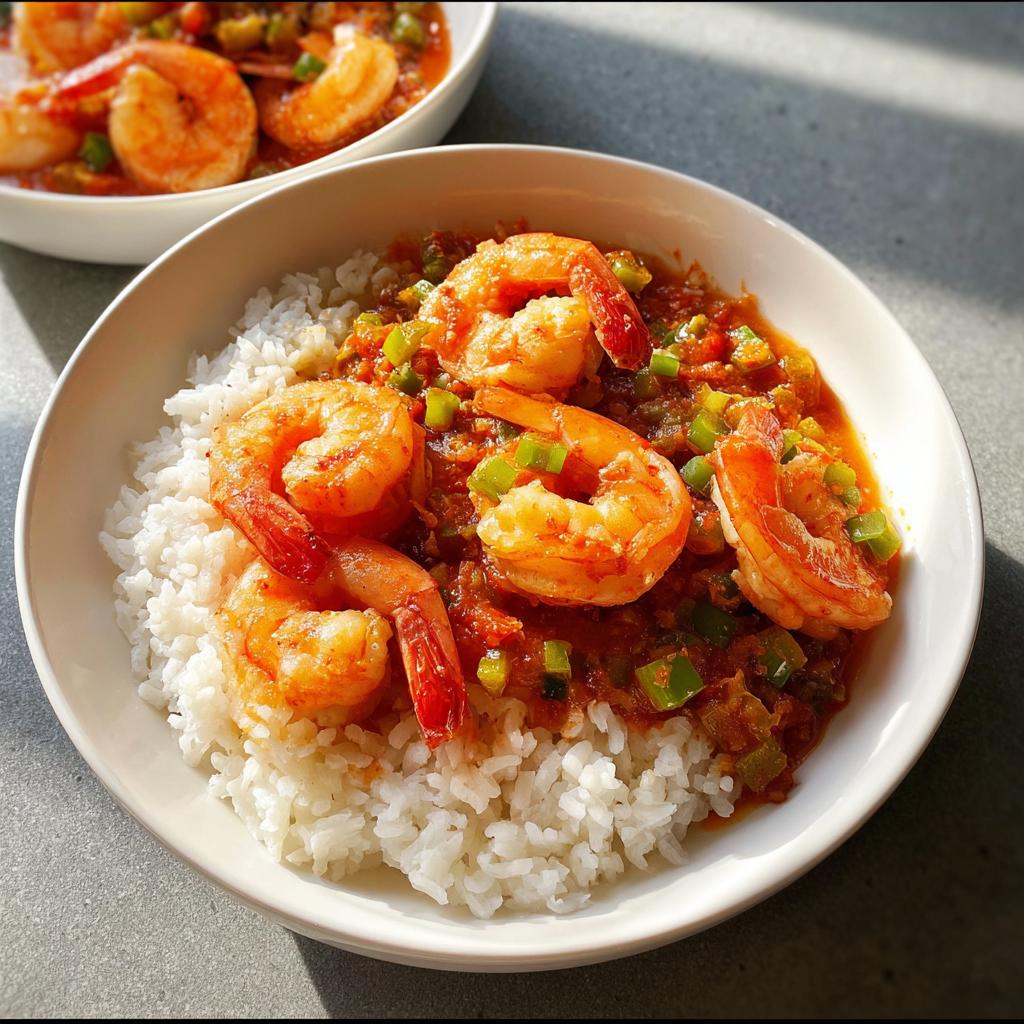 A bowl of savory shrimp in a rich, red sauce with green peppers served over fluffy white rice, perfect for shrimp recipes.