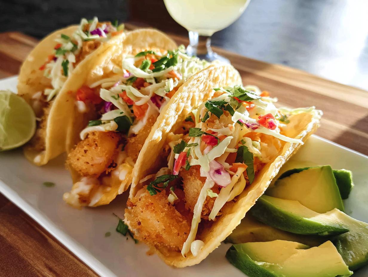 Three crispy fried shrimp tacos topped with colorful slaw, served with avocado slices, perfect for quick Shrimp Recipes in 12 Minutes.