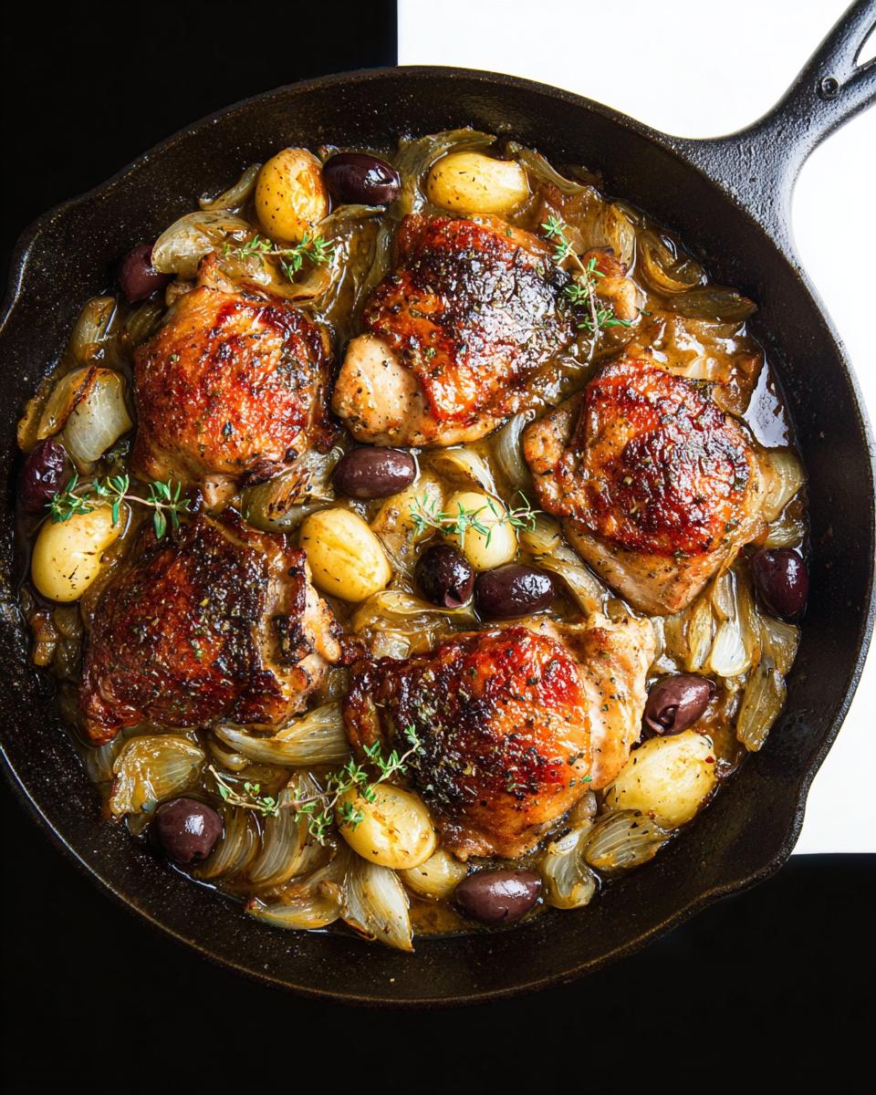 Four crispy-skinned chicken thighs braised with onions, small potatoes, and Kalamata olives in a cast iron skillet.