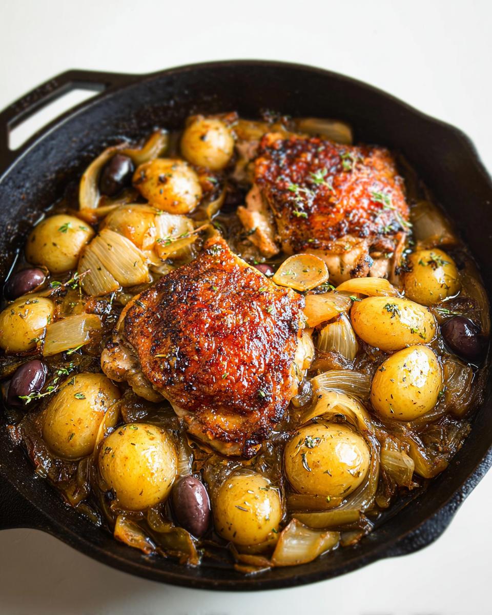 Two crispy skin chicken thighs baked with small potatoes, onions, and olives in a cast iron skillet.