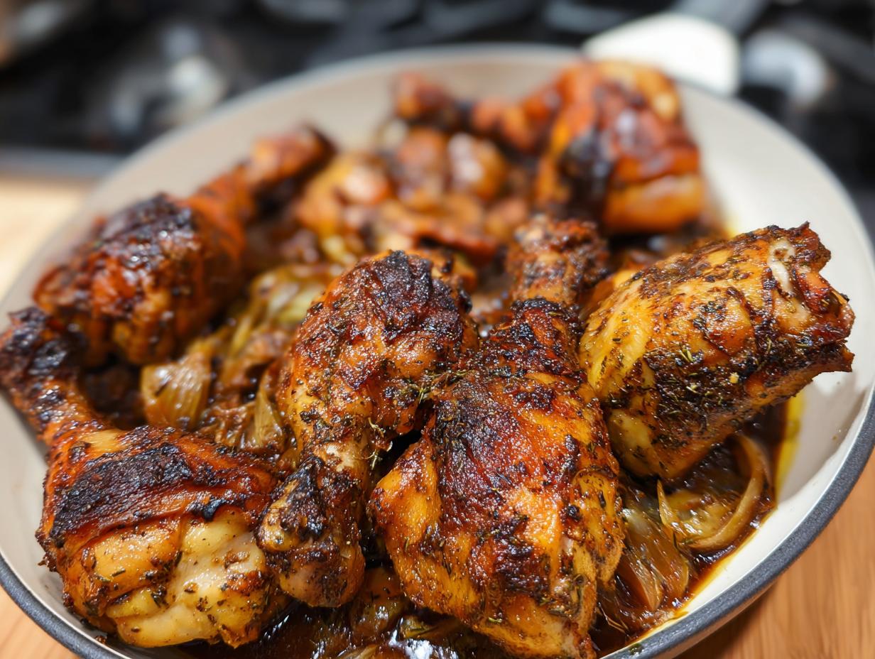 Close-up of seasoned, browned slow cooker chicken drumsticks resting in rich sauce with caramelized onions.