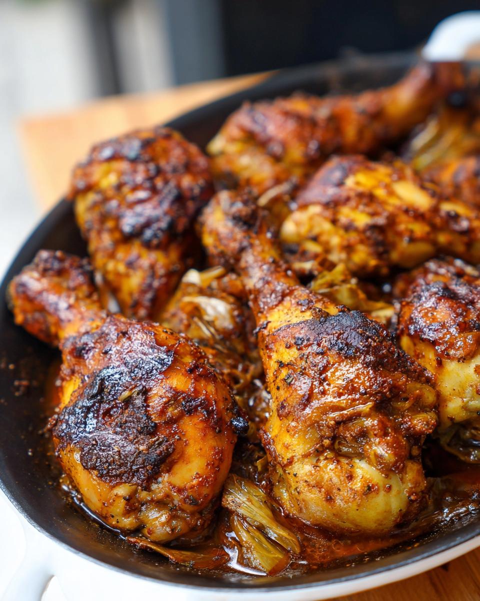 Close-up of richly seasoned and browned slow cooker chicken drumsticks resting in a savory sauce.