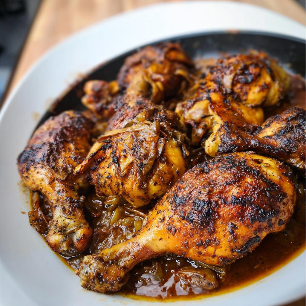 Close-up of perfectly cooked, dark-spiced slow cooker chicken recipes drumsticks resting in a rich, savory sauce with onions.