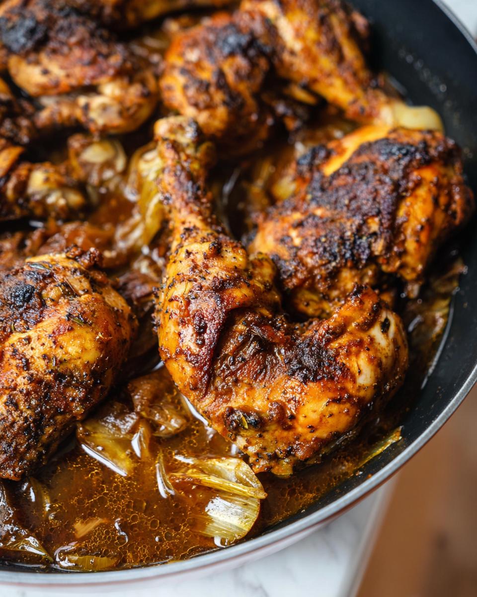 Close-up of beautifully browned, seasoned chicken pieces simmering in a dark, savory sauce with soft onions, perfect for any chicken recipes.