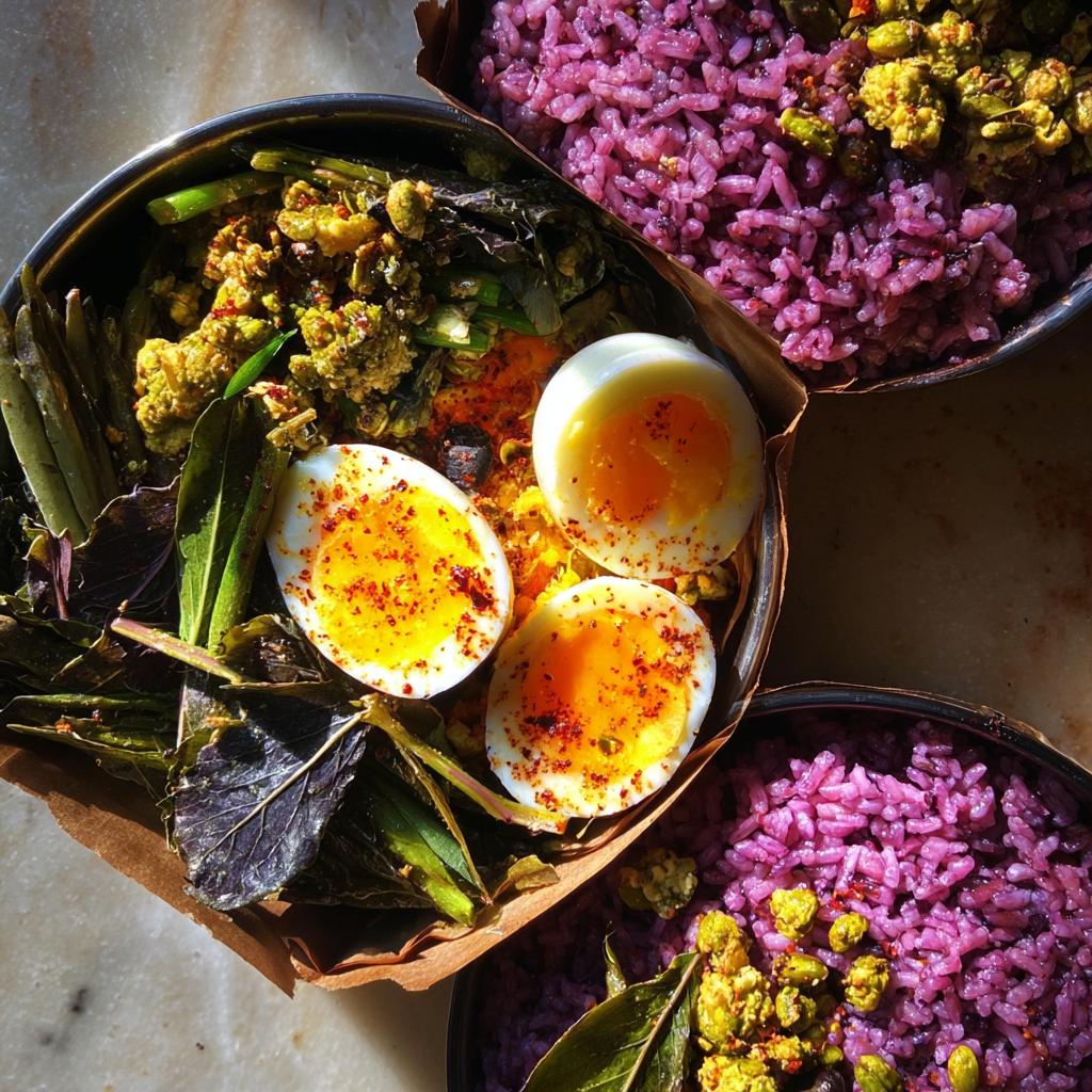 Three halves of soft-boiled eggs with bright orange yolks, seasoned with chili flakes, served alongside greens and purple rice in a bowl, part of The Ultimate Egg Recipes Guide for Beginners.