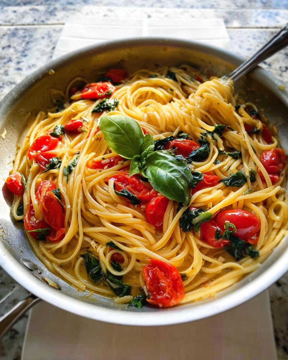 Spaghetti tossed with burst cherry tomatoes, spinach, and basil, perfect for Easy Dinner Recipes Meal Prep.