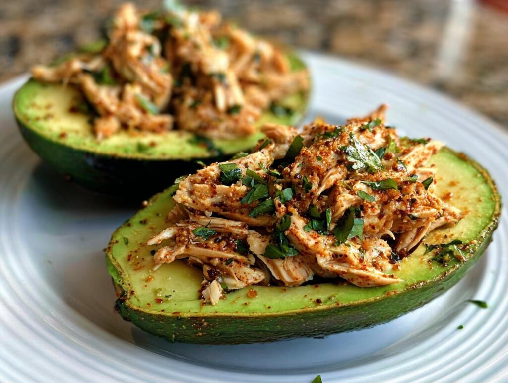 Two halves of avocado filled with seasoned shredded chicken and fresh cilantro, a great low-carb option for Sandwich Ideas Recipes in 20 Minutes.