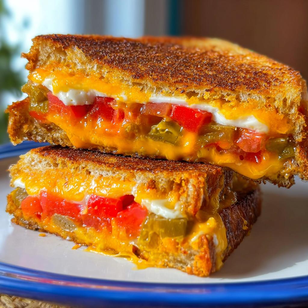Close-up of a stacked, toasted grilled cheese sandwich oozing melted cheese, tomatoes, and jalapeños, part of 20-Ingredient Grilled Cheese Recipes.