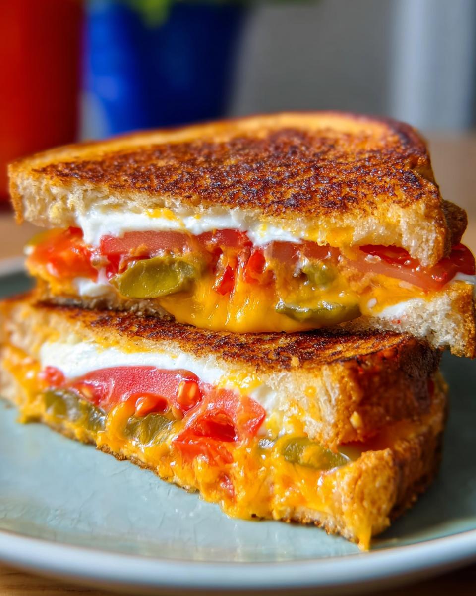 Two halves of a grilled cheese sandwich stacked, showing melted cheddar, white cheese, tomatoes, and jalapeños—a perfect example of 20-Ingredient Grilled Cheese Recipes.