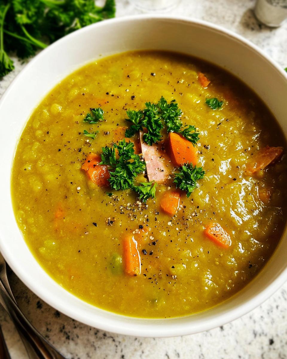 Close-up of thick, green split pea soup garnished with carrots, ham, parsley, and black pepper, illustrating great soup recipes.