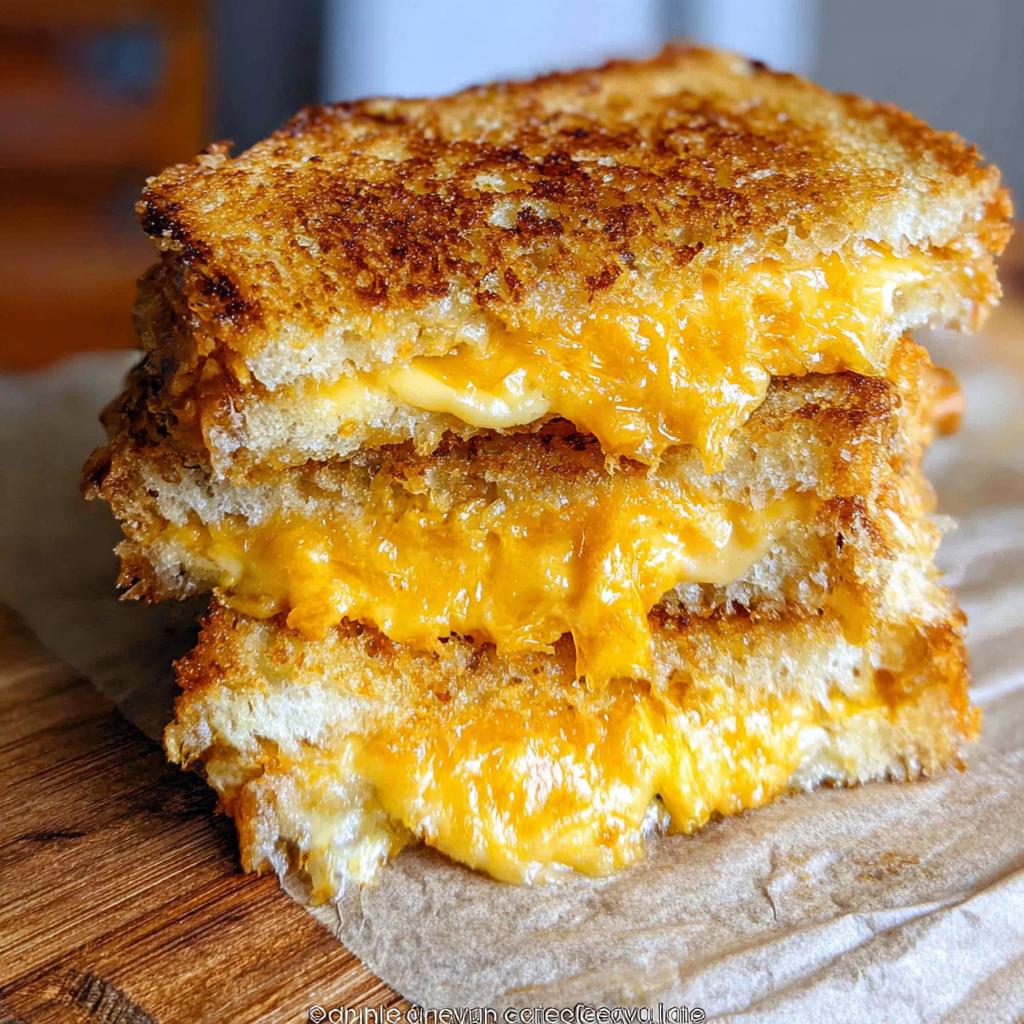 A stack of two perfectly grilled cheese recipes halves, oozing melted orange cheddar cheese.