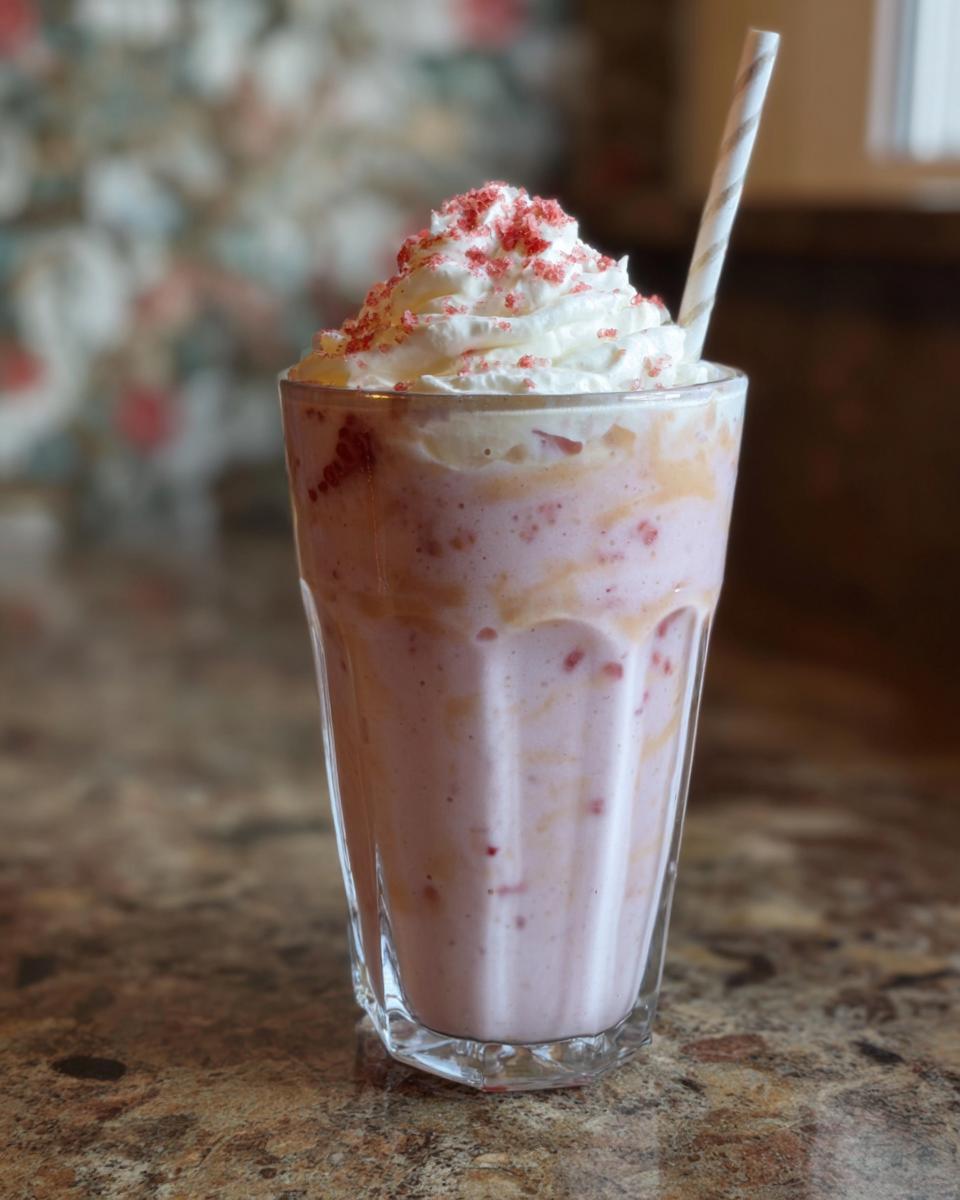 A tall glass of a homemade pink, blended Starbucks drink craving recipe, topped with whipped cream and red sprinkles.
