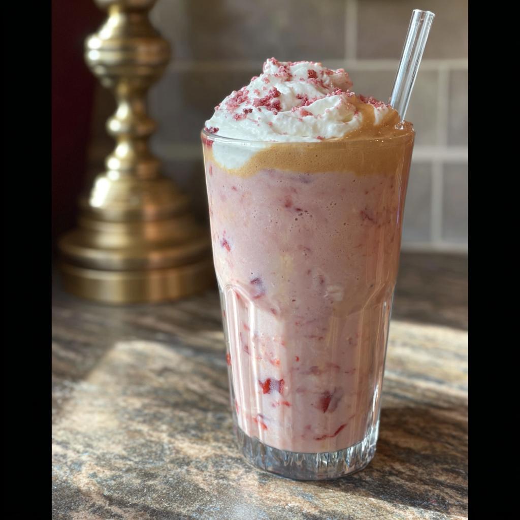 A tall glass of a pink, blended Starbucks drink craving recipe topped with whipped cream and pink sprinkles.