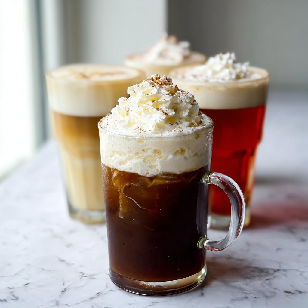 A close-up of a Starbucks Drinks Recipes iced coffee topped with whipped cream and cinnamon on a marble surface.
