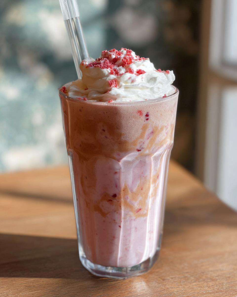 Close-up of a homemade pink blended drink topped with whipped cream and red sprinkles, mimicking Starbucks drinks recipes.