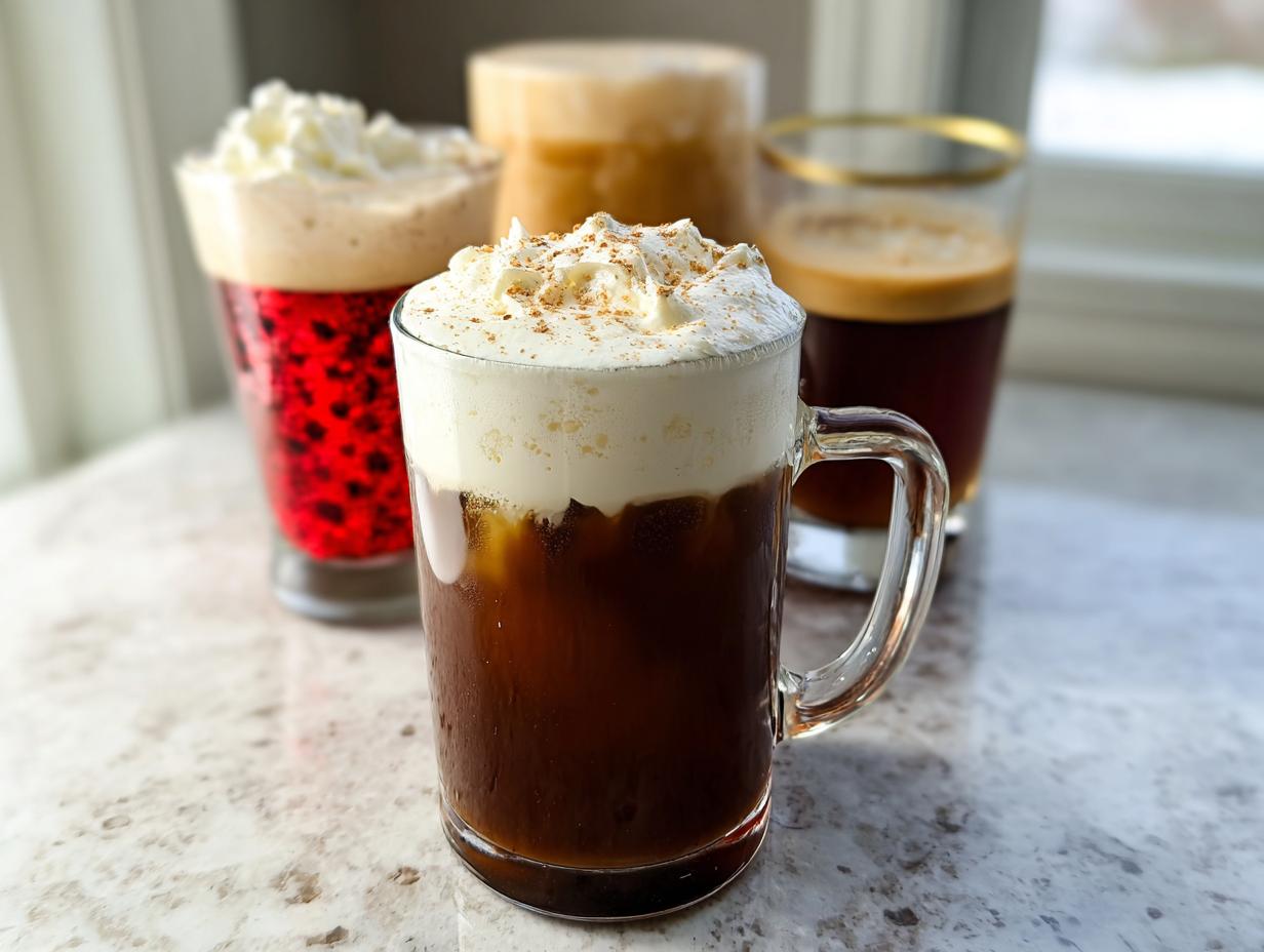 Four different Starbucks drinks recipes, including cold brews and layered beverages, topped with whipped cream.