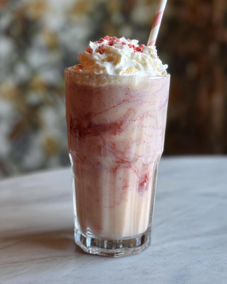 A tall glass of homemade strawberry cream drink, swirled with pink syrup and topped with whipped cream and red sprinkles, a Starbucks drink recipe copycat.