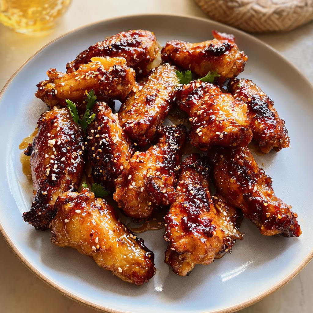 A plate of sticky, glazed chicken wings sprinkled with sesame seeds, perfect for Chicken Wings Recipes Meal Prep.