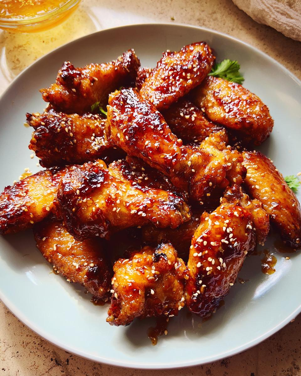 A plate piled high with sticky, glazed chicken wings recipes meal prep, sprinkled with sesame seeds.
