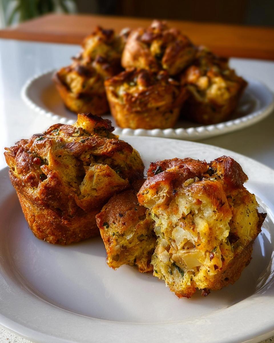 Golden brown individual stuffing muffins, one broken open to show the savory interior, part of The Ultimate Stuffing Recipes Guide.
