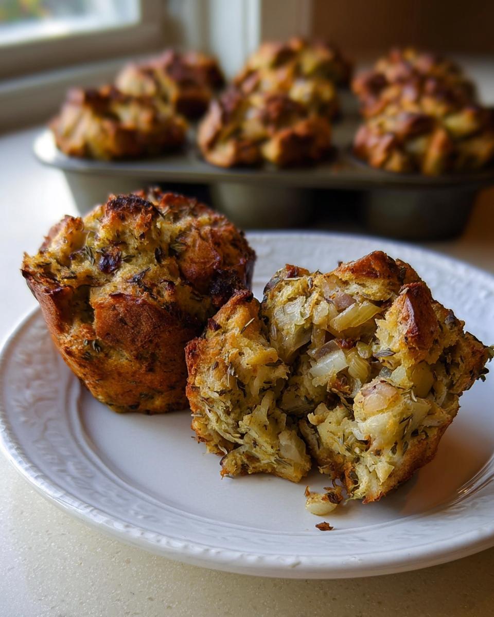 Two golden-brown stuffing muffins, one broken open to show the savory onion and herb filling, part of The Ultimate Stuffing Recipes Guide.
