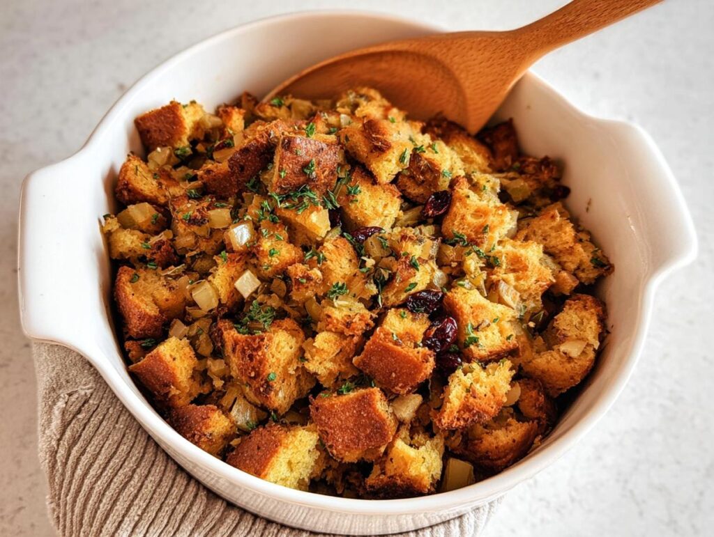 A close-up of golden brown bread cubes in a white baking dish, featuring onions and herbs in this popular stuffing recipes.