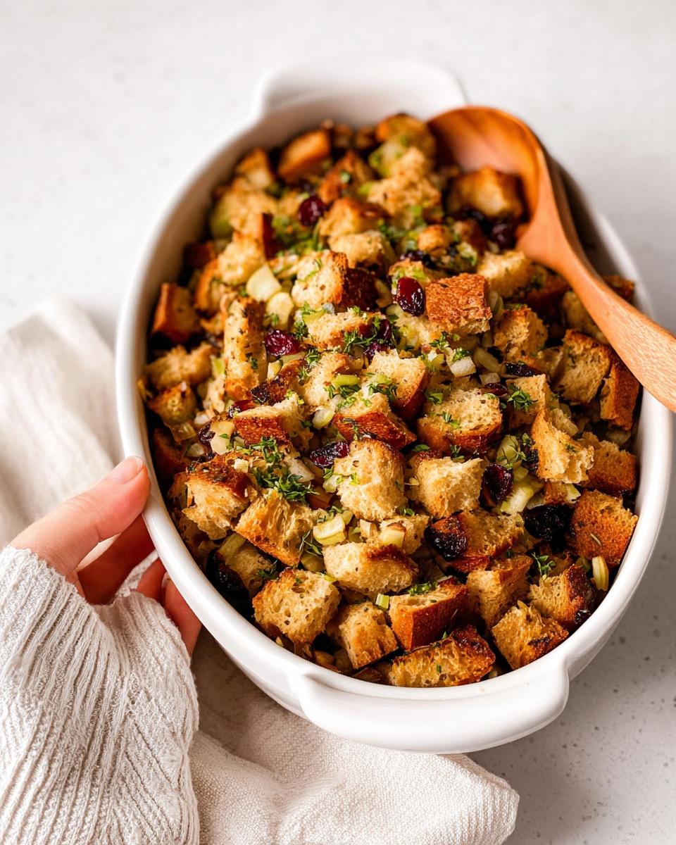 Close-up of homemade stuffing recipes in a white oval baking dish, featuring toasted bread cubes, cranberries, and herbs.