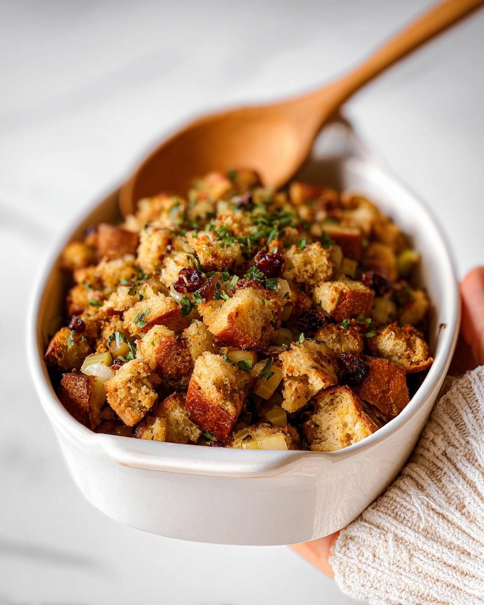 Close-up of homemade stuffing recipes featuring toasted bread cubes, cranberries, and herbs in a white baking dish.