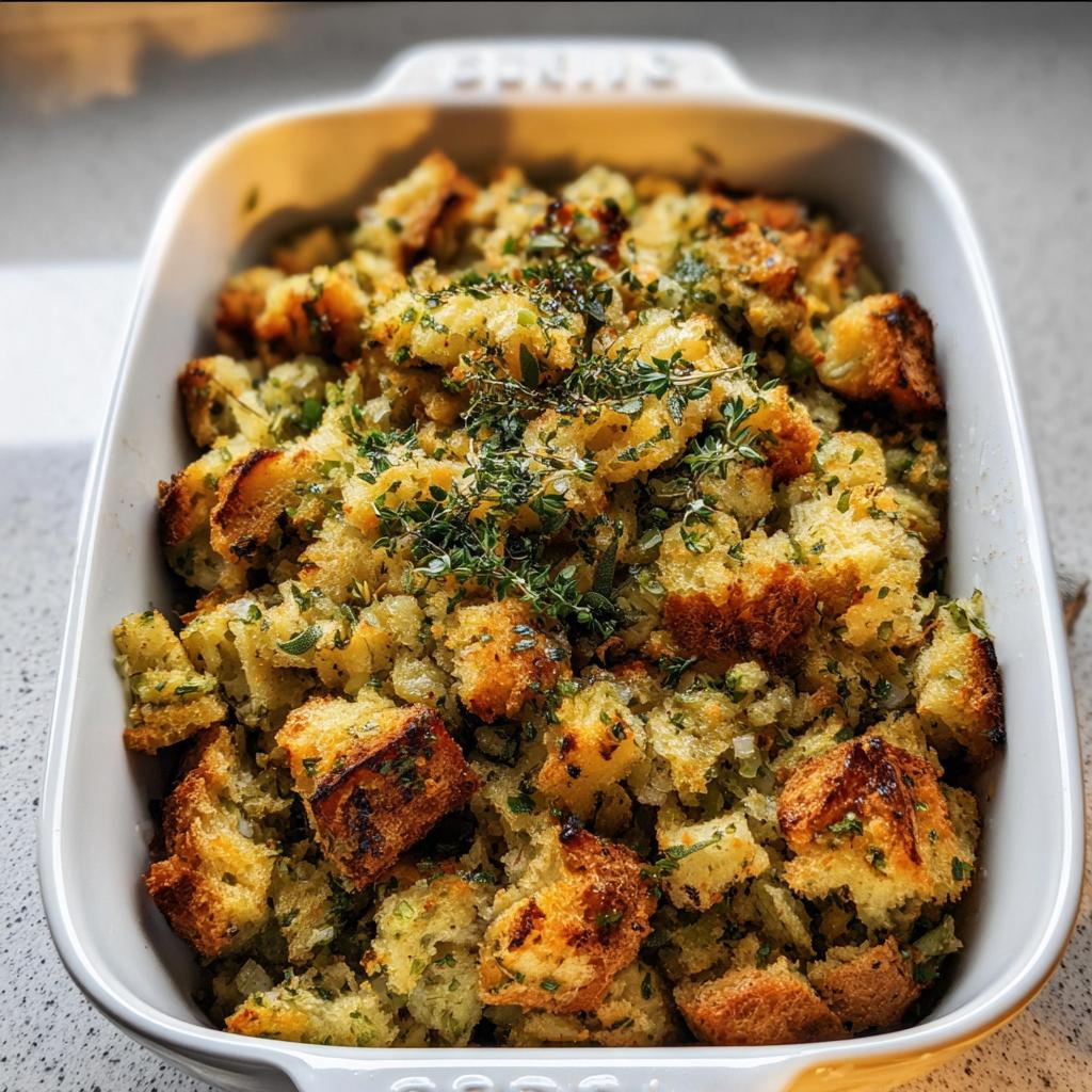 Close-up of savory stuffing recipes meal prep, featuring golden-brown bread cubes and fresh thyme in a white baking dish.